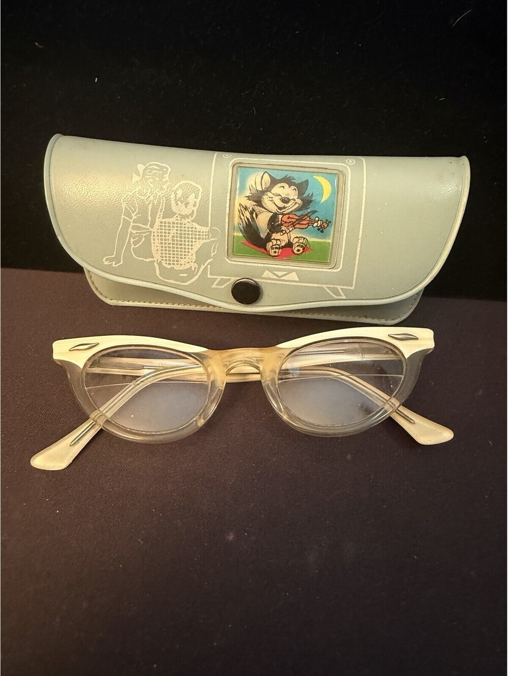 Vtg 1950s USA Horn Rim Childs Eyeglasses Frames w/ Case Girls Small Cateye